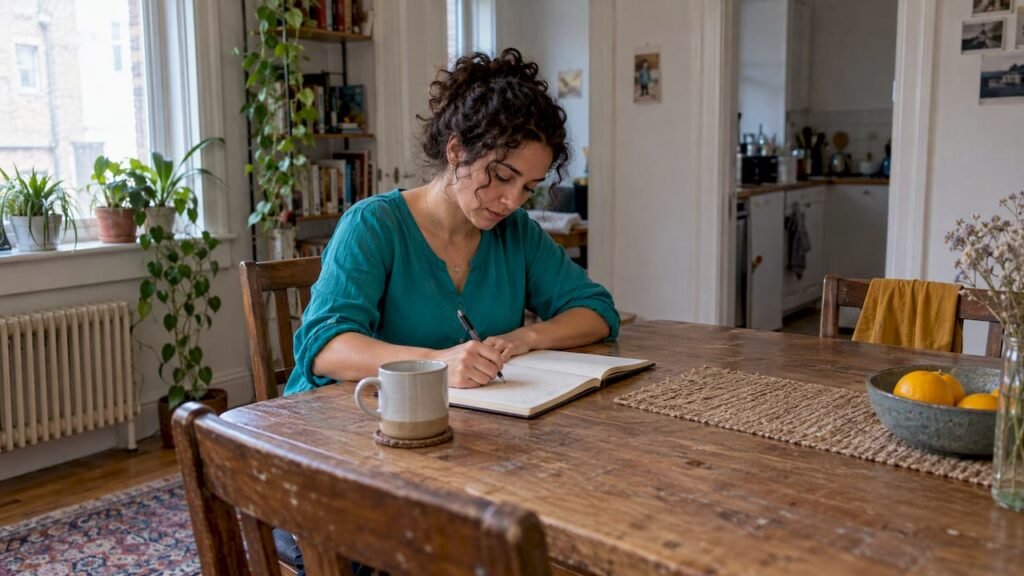 Woman writing a career intention in her journal