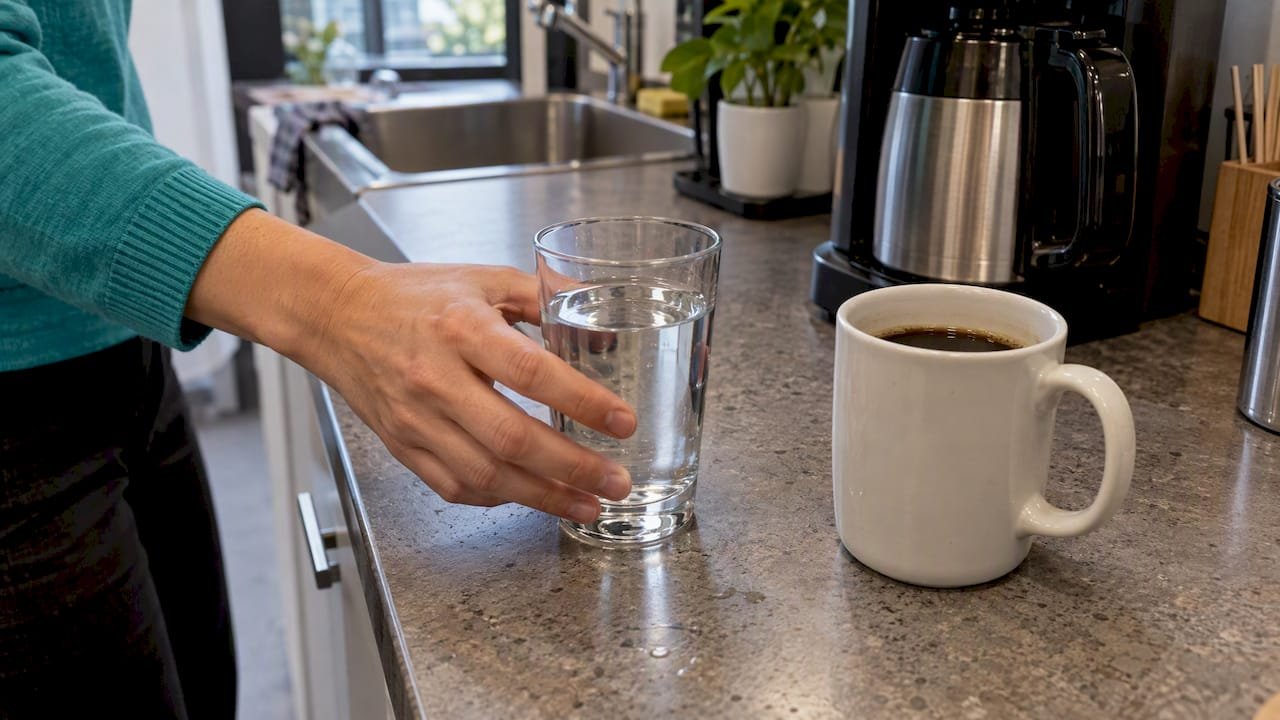 Protect Your Energy at Work: 5 Minutes of Rest, Desk Spirituality 2 Glass of water beside a coffee mug