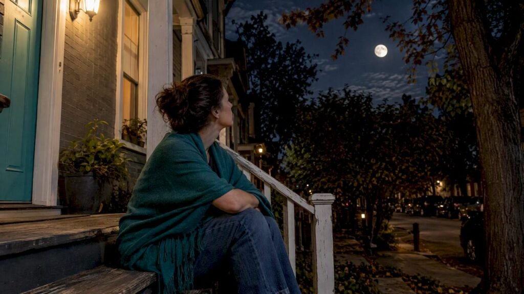 Woman reflecting beneath a visible full moon