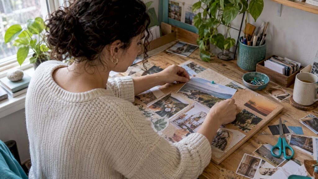 Woman adding images to an intention board