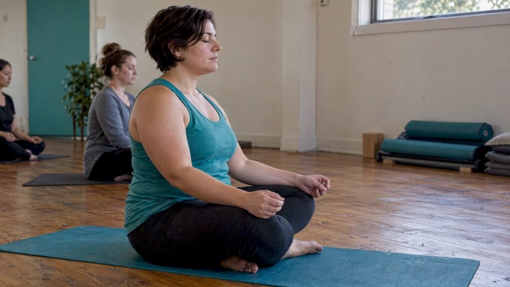 Woman seated on a mat practicing breath awareness