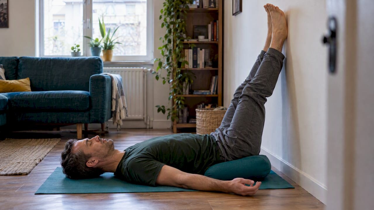 Man practicing legs-up-the-wall restorative pose