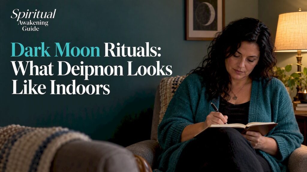 A woman journals during an indoor dark moon ritual