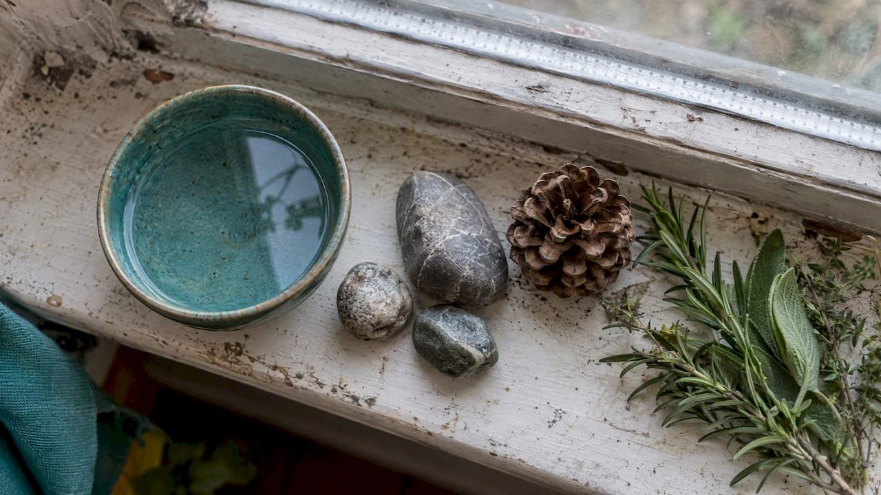 Altar Offerings Ideas: What to Put on Your Altar 1 Stones, herbs, pinecone, and water dish
